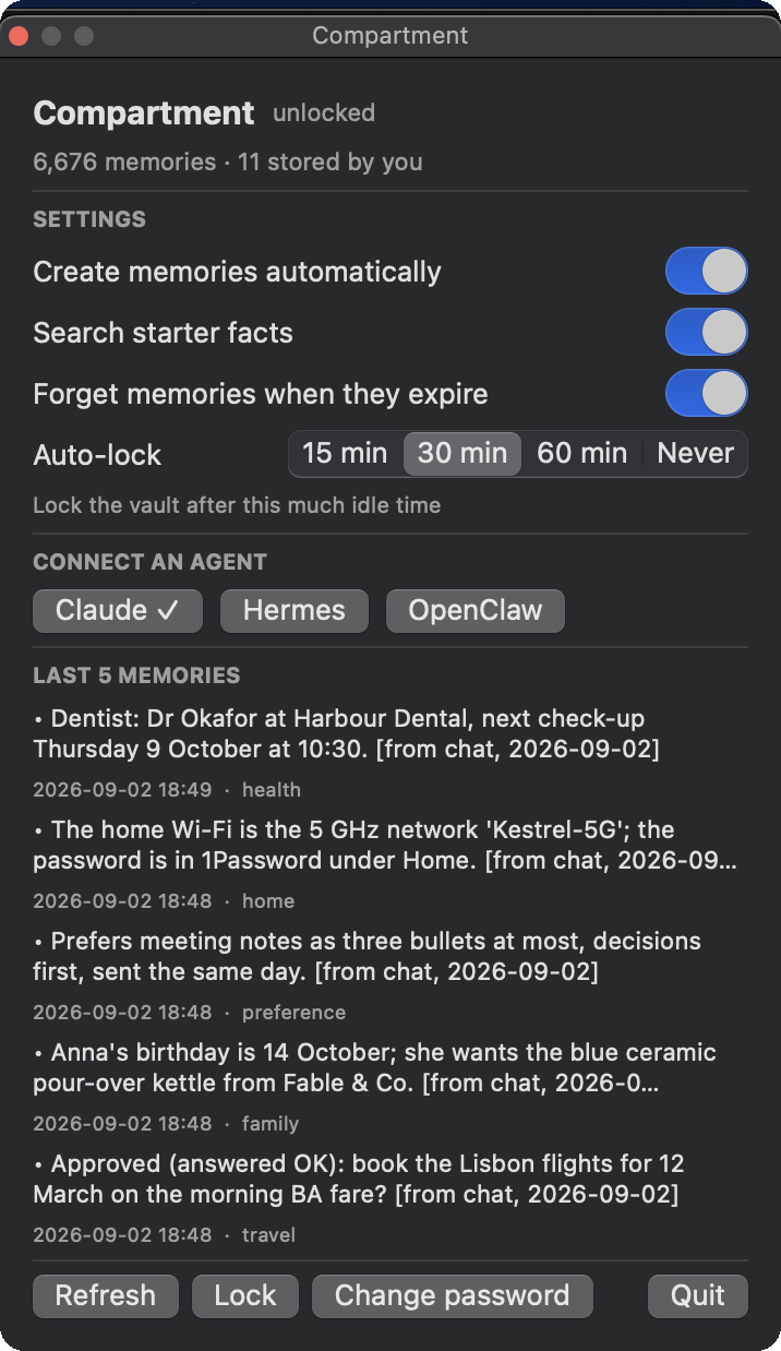 The macOS panel: vault state, settings, connected agents, the last five memories